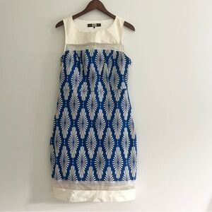 Eva Franco Sheath Dress w Blue White Mod Pattern Sheer Hem Details Sz 12